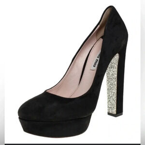 Miu Miu Prada Black Suede Glitter Platform Pumps Black Size EU42